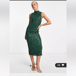 ASOS DESIGN high neck embellished midi dress in plisse sequin in forest green